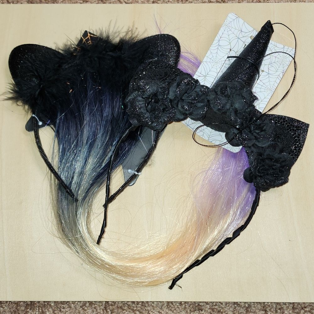2 headbands, 2 Cat Ears, 1 has hair extensions, the Noir 1 has Unicorn point.